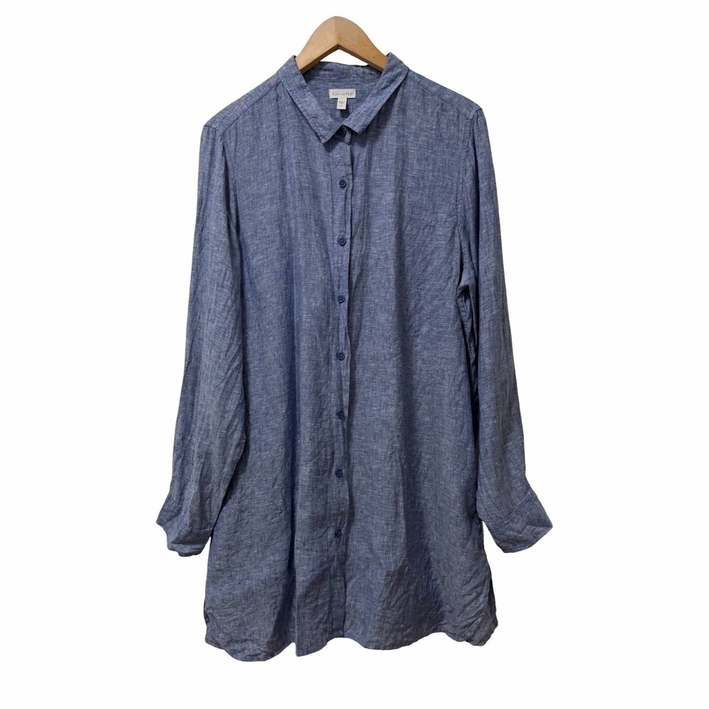 Garnet Hill Womens Linen Long Sleeve Button Up Shirt Size XL Blue Beachy Coastal